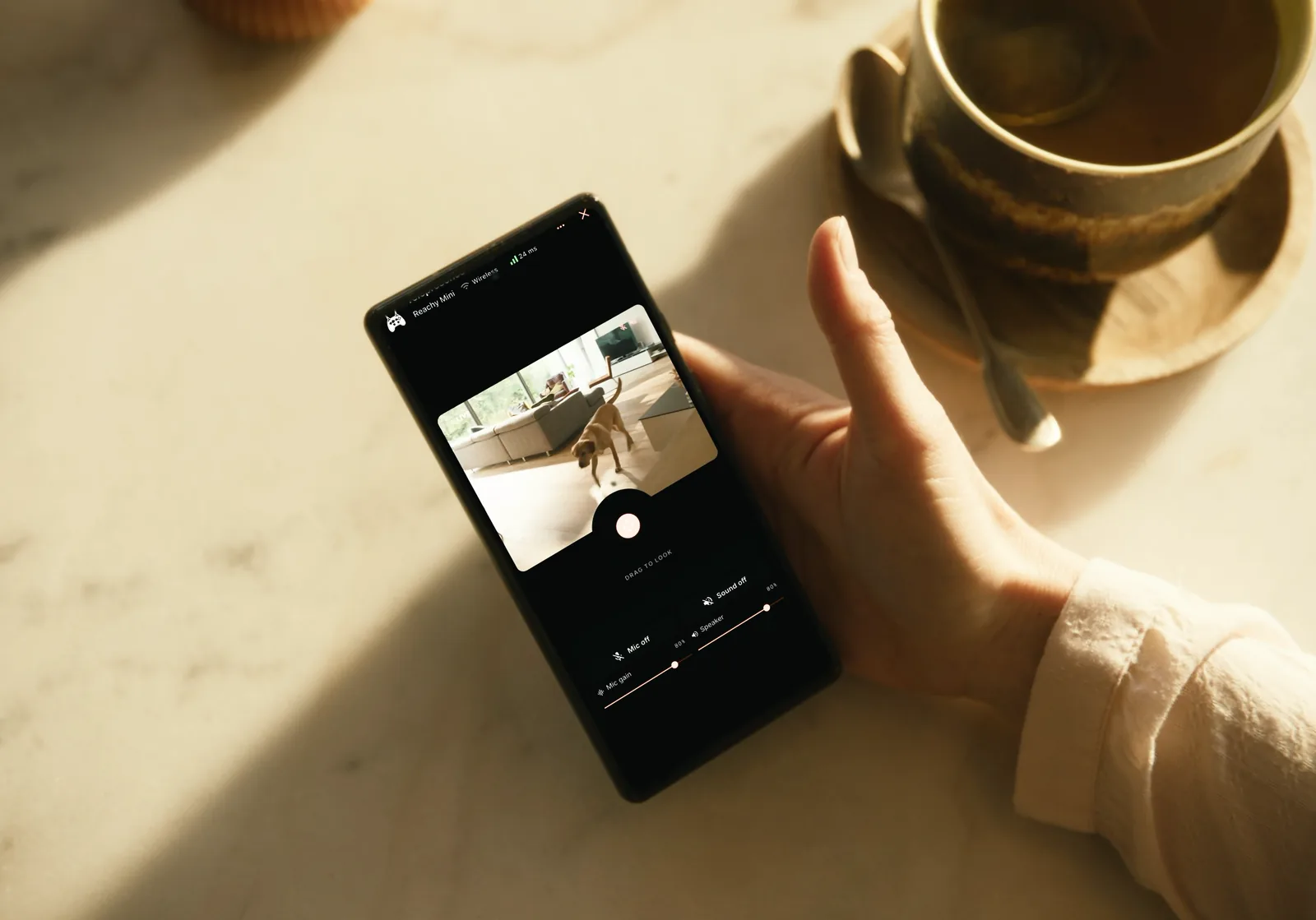 A hand holding a phone that shows the robot's camera feed and the driving controls of the Reachy Mini app