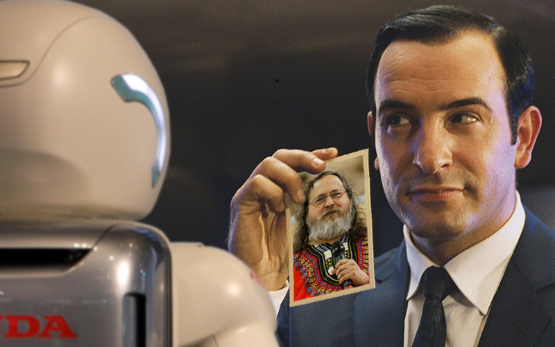 OSS17 showing a picture of Richard Stallman to Asimo robot